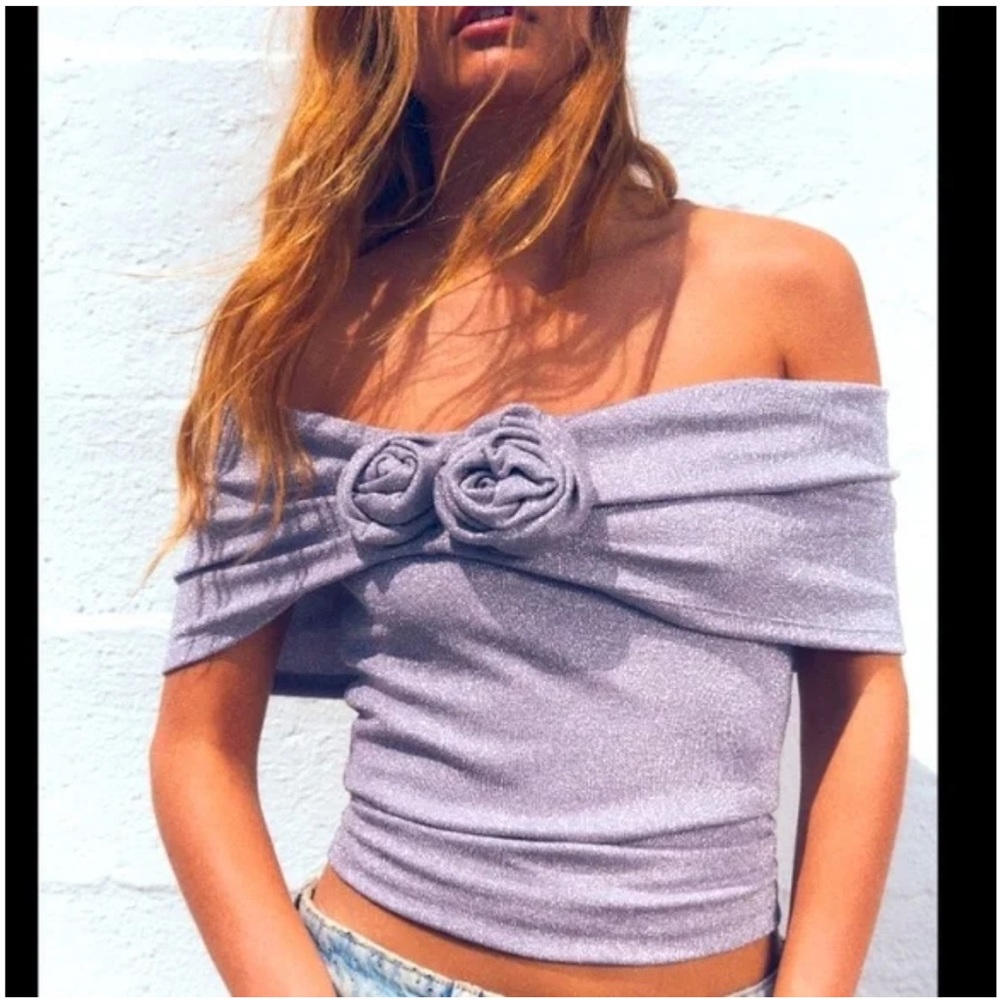 NWT Zara lilac shimmery off the shoulder top with raised flower